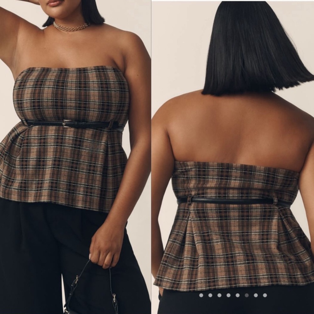 Anthropologie Brown Plaid Strapless Top with Belt